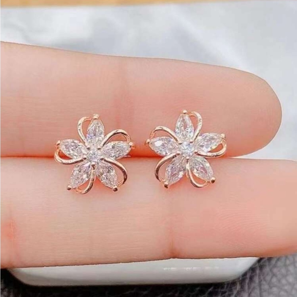 Gold and Silver Floral Stud Earrings with Sparkling Stones